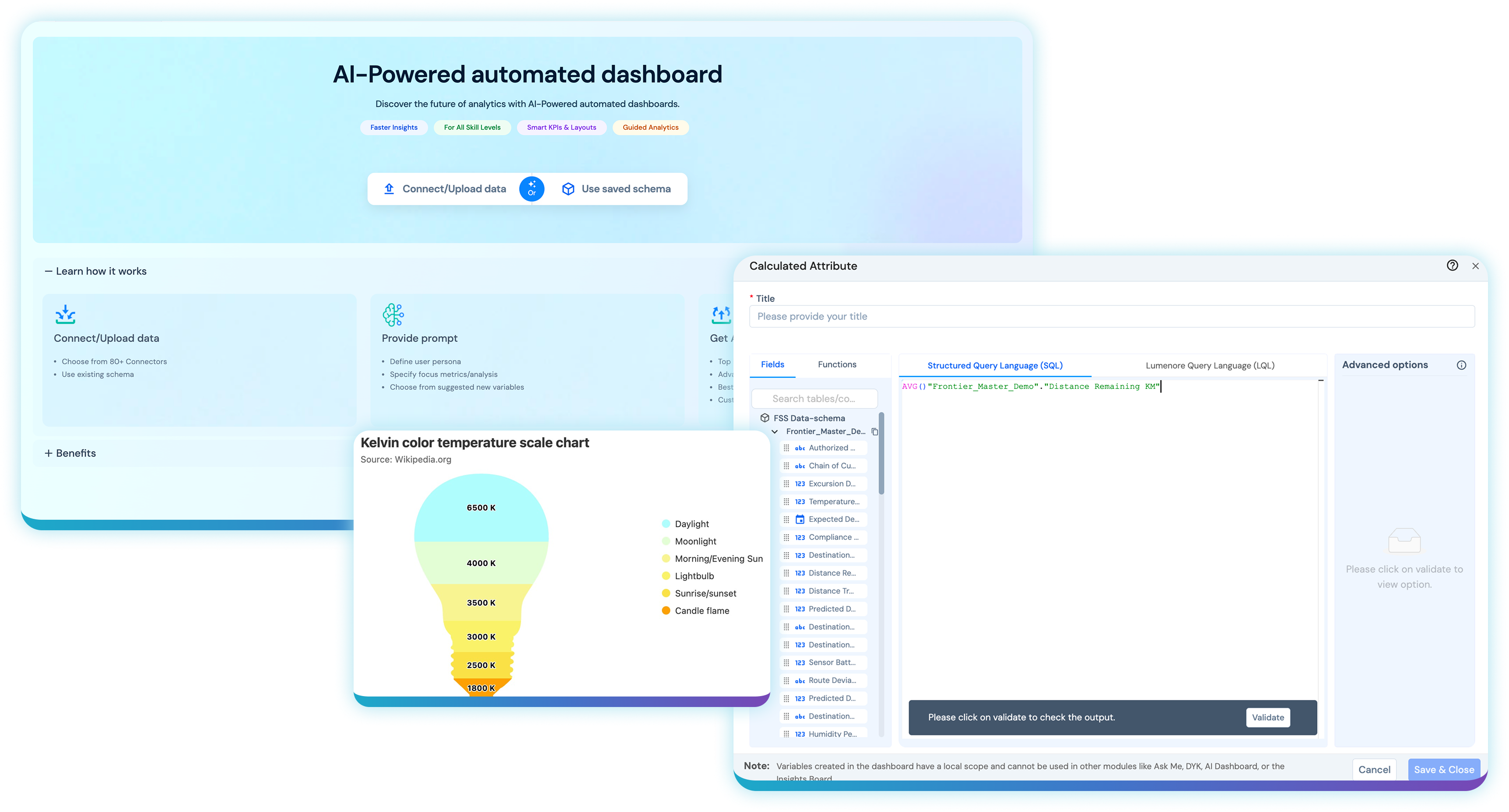 Lumenore Insights dashboard designer with drag-and-drop layout and rich visualizations